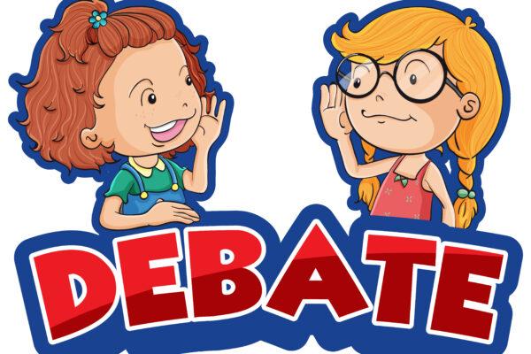 font-design-for-word-debate-with-two-happy-girls-in-background-vector