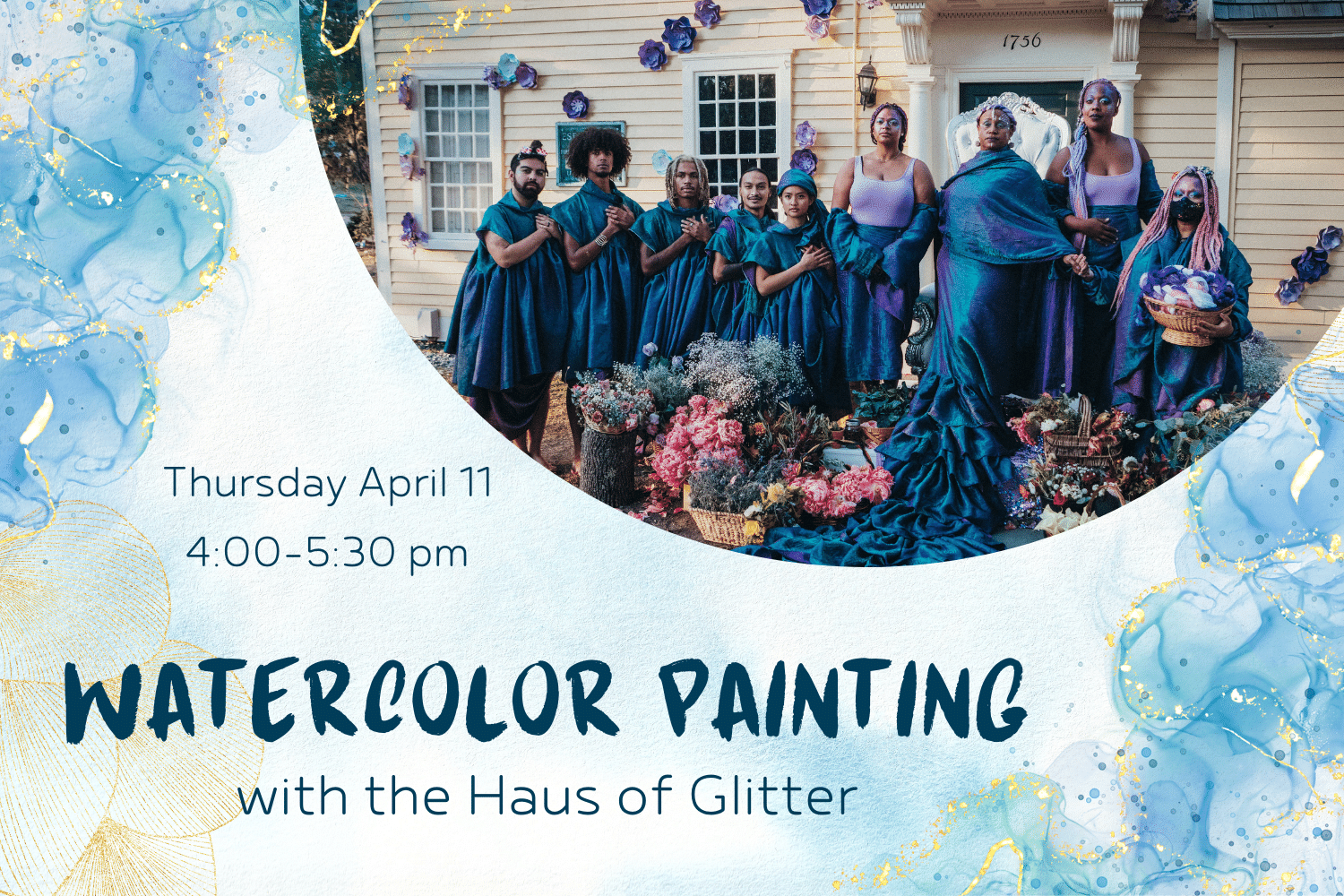 Photo of the Haus of Glitter, a group of people in flowing blue and purple robes, surrounded by flowers, against a watercolor background.