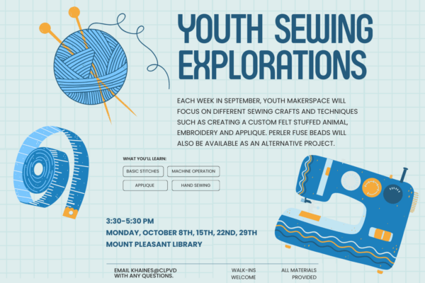 Text reds "youth sewing explorations" and has cartoon images of knitting needles, measuring tape, and a sewing machine.