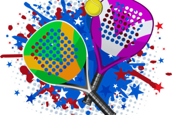 Paddle Match Rackets and Ball Set With red blue splash vector illustration.