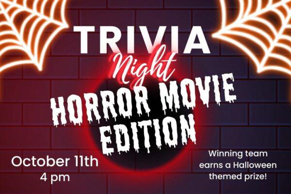 Neon orange spider webs against an eclipsed red moon. "Trivia Night Horror Movie Edition" written in bold font.