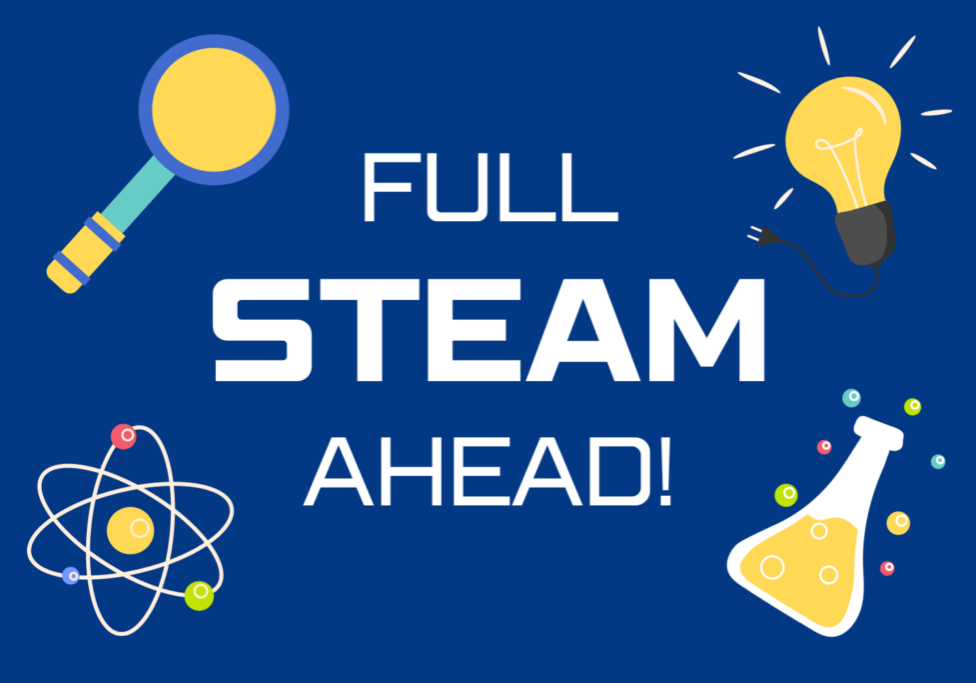 "Full STEAM Ahead" surrounded by a magnifying glass, lightbulb, chemistry beaker, and an atom